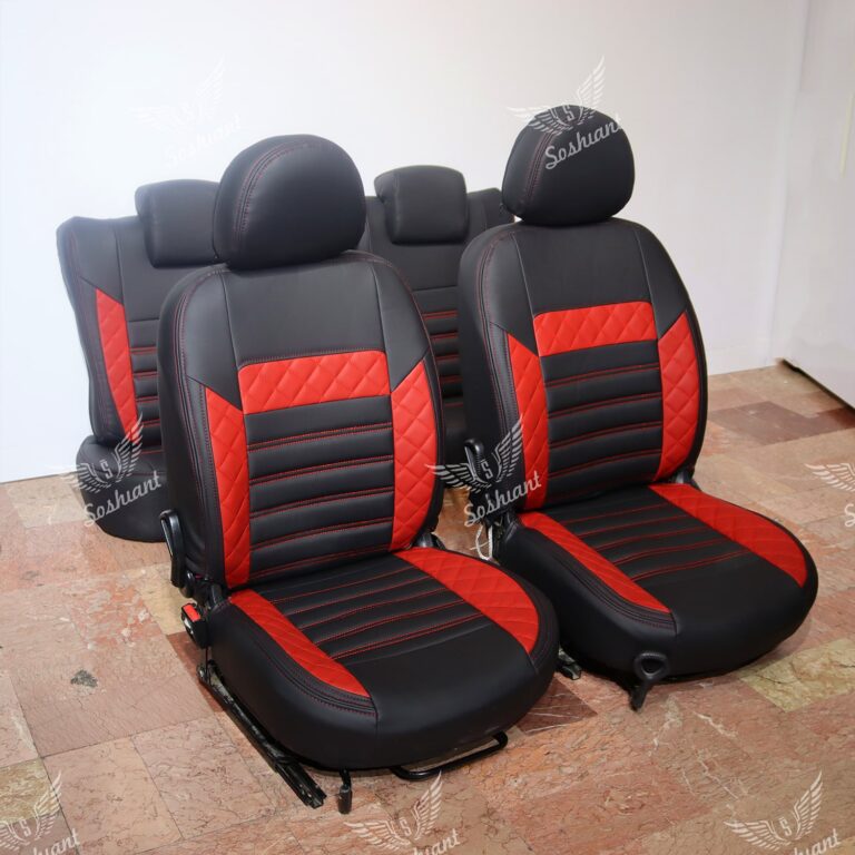 روکش صندلی خودرو سوشیانت  مناسب پژو پارس تولید بعد از سال 96 تمام چرم خرجکار قرمز مدل الوند