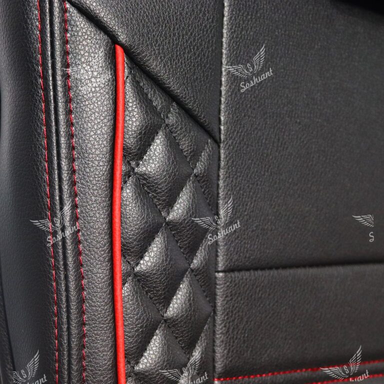 روکش صندلی خودرو پژو پارس تولید بعد از 96 تمام چرم مدل سورنا با دوخت و مغزی قرمز