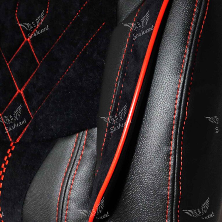 ست کامل روکش صندلی 206 و 207 مدل VIP، چرم مشکی، دوخت قرمز، لمسه مخمل